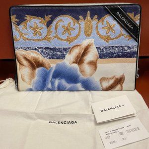 Balenciaga Blue Leather Floral Blanket Clutch, Pouch, Portefeuille, NWT